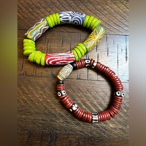 Lot of Handmade Boho Beaded Bracelets - Lime Green & Brick Red - Lot 805